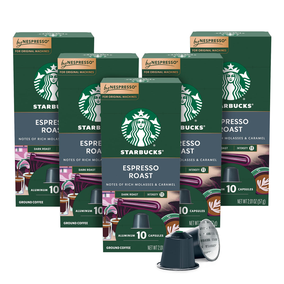 Starbucks by Nespresso dark roast pods for bold home espresso flavor.