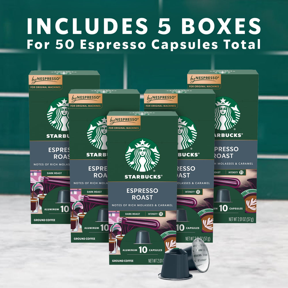 Starbucks Nespresso original-line packaging with recyclable aluminum capsules for freshness.