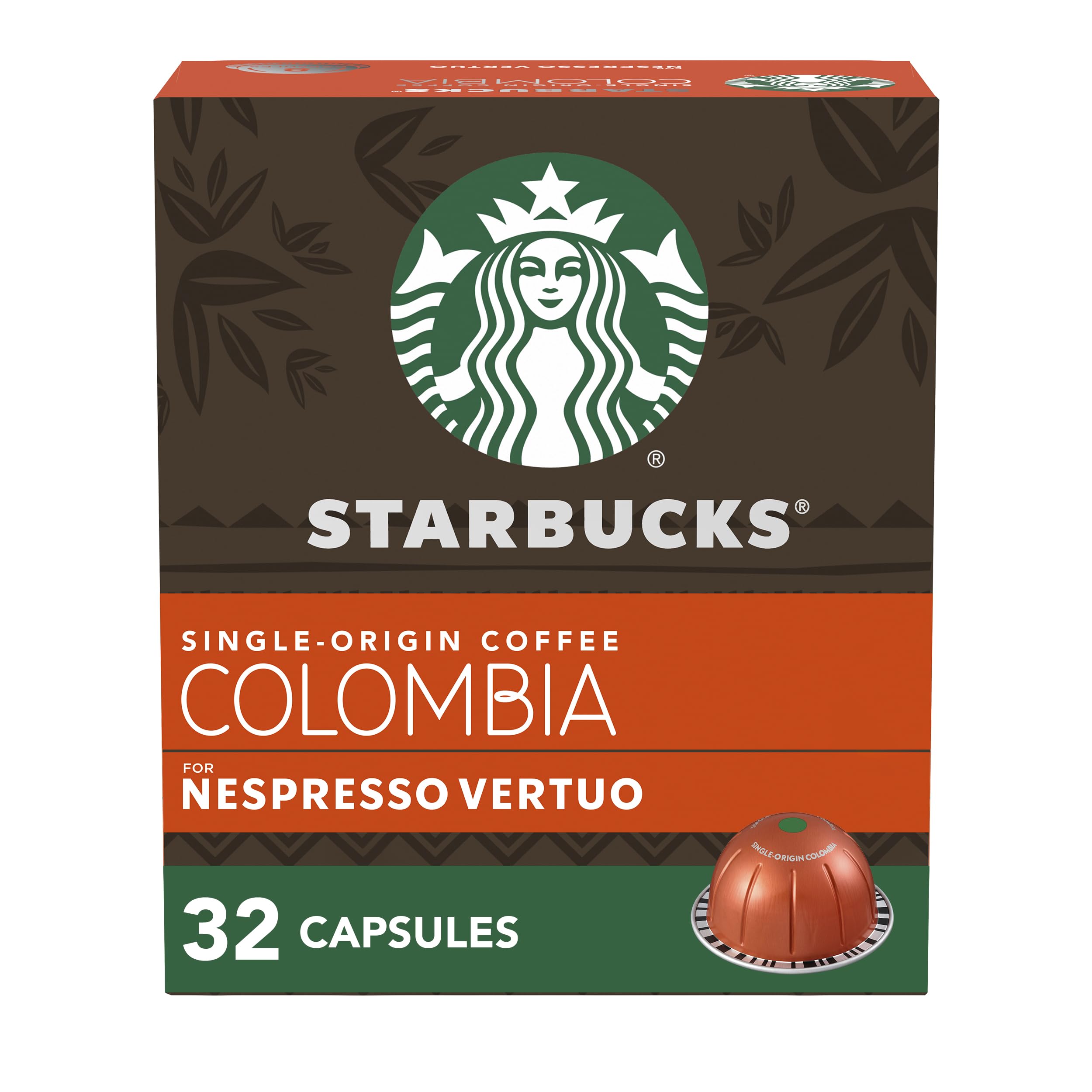 Starbucks by Nespresso Vertuo box and capsules for Colombia coffee, ideal for home brewing.