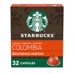 Starbucks by Nespresso Vertuo box and capsules for Colombia coffee, ideal for home brewing.