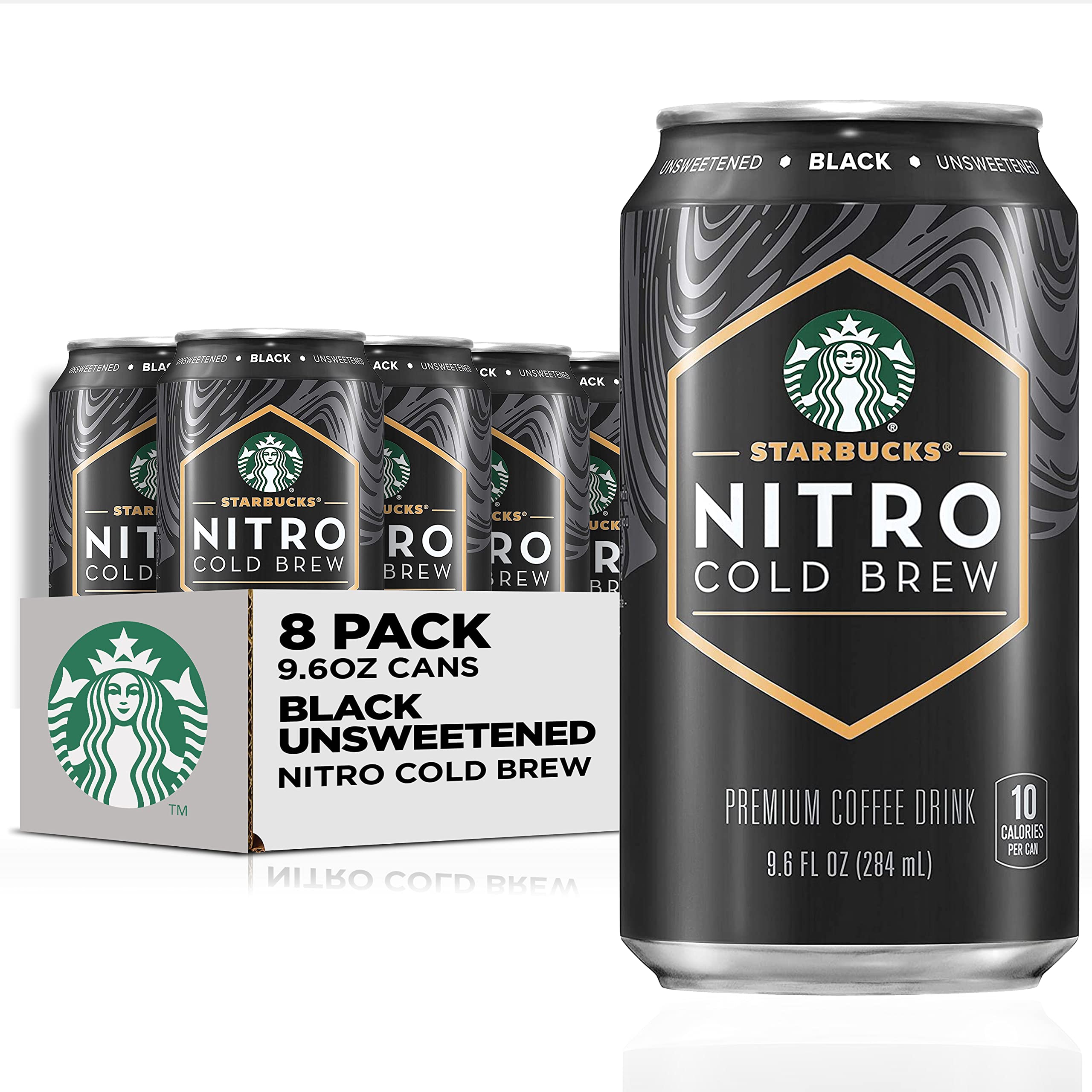 Starbucks Nitro Cold Brew Black Unsweetened can close-up, bold grab-and-go energy boost.
