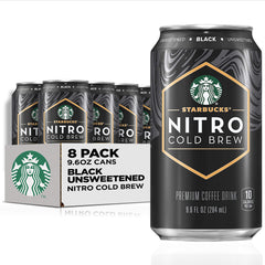 Starbucks Nitro Cold Brew Black Unsweetened can close-up, bold grab-and-go energy boost.