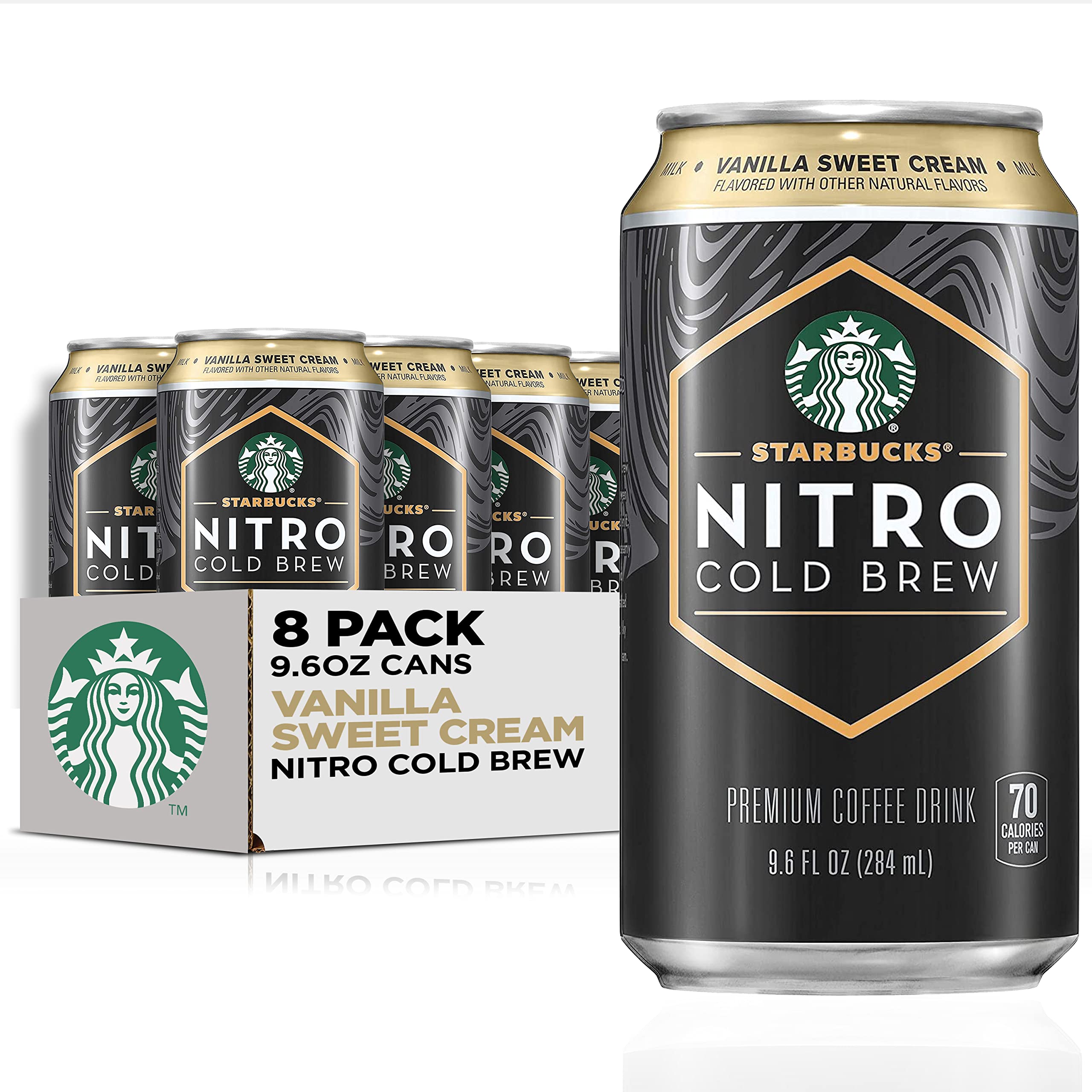 Starbucks Nitro Cold Brew Vanilla Sweet Cream can closeup with creamy texture hints