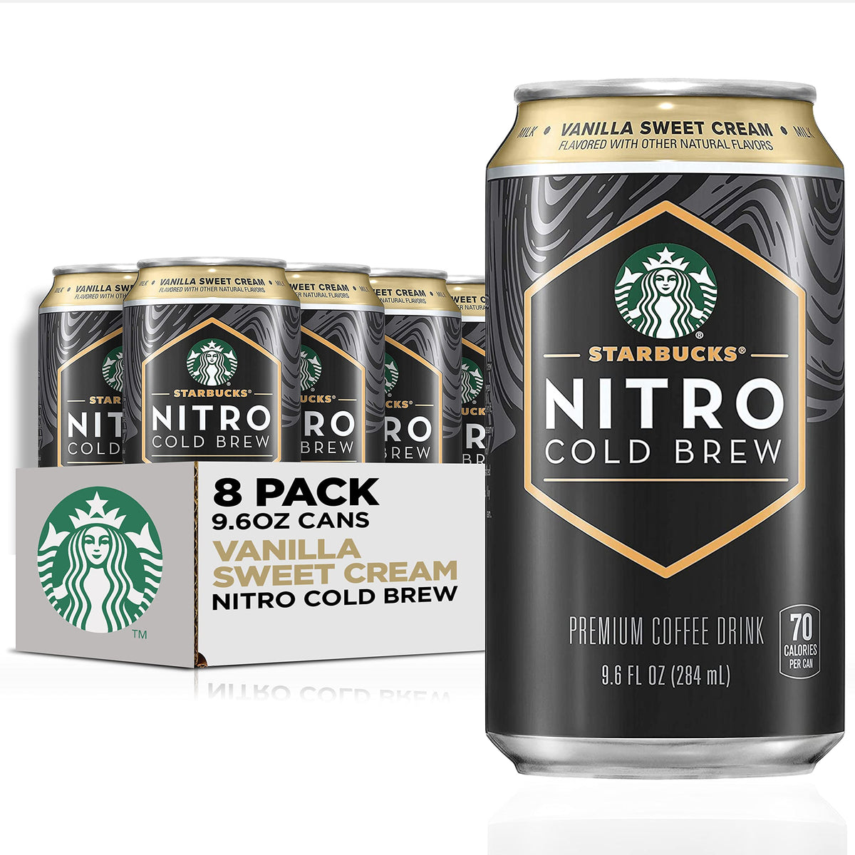 Starbucks Nitro Cold Brew Vanilla Sweet Cream can closeup with creamy texture hints