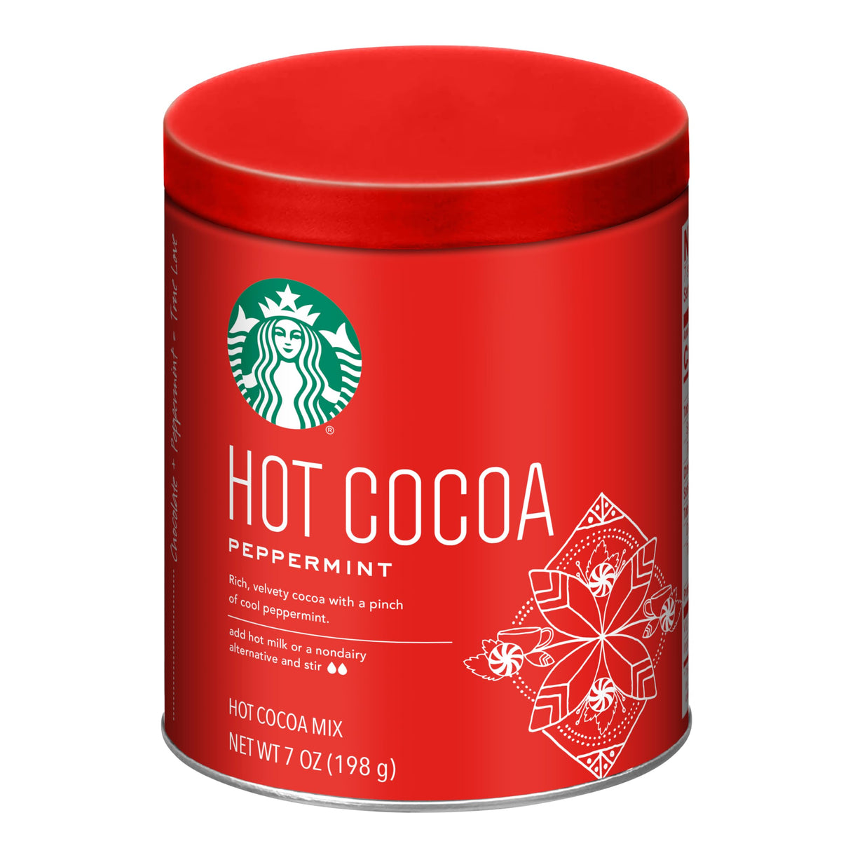Starbucks Peppermint Hot Cocoa Tin front view signals premium cocoa.