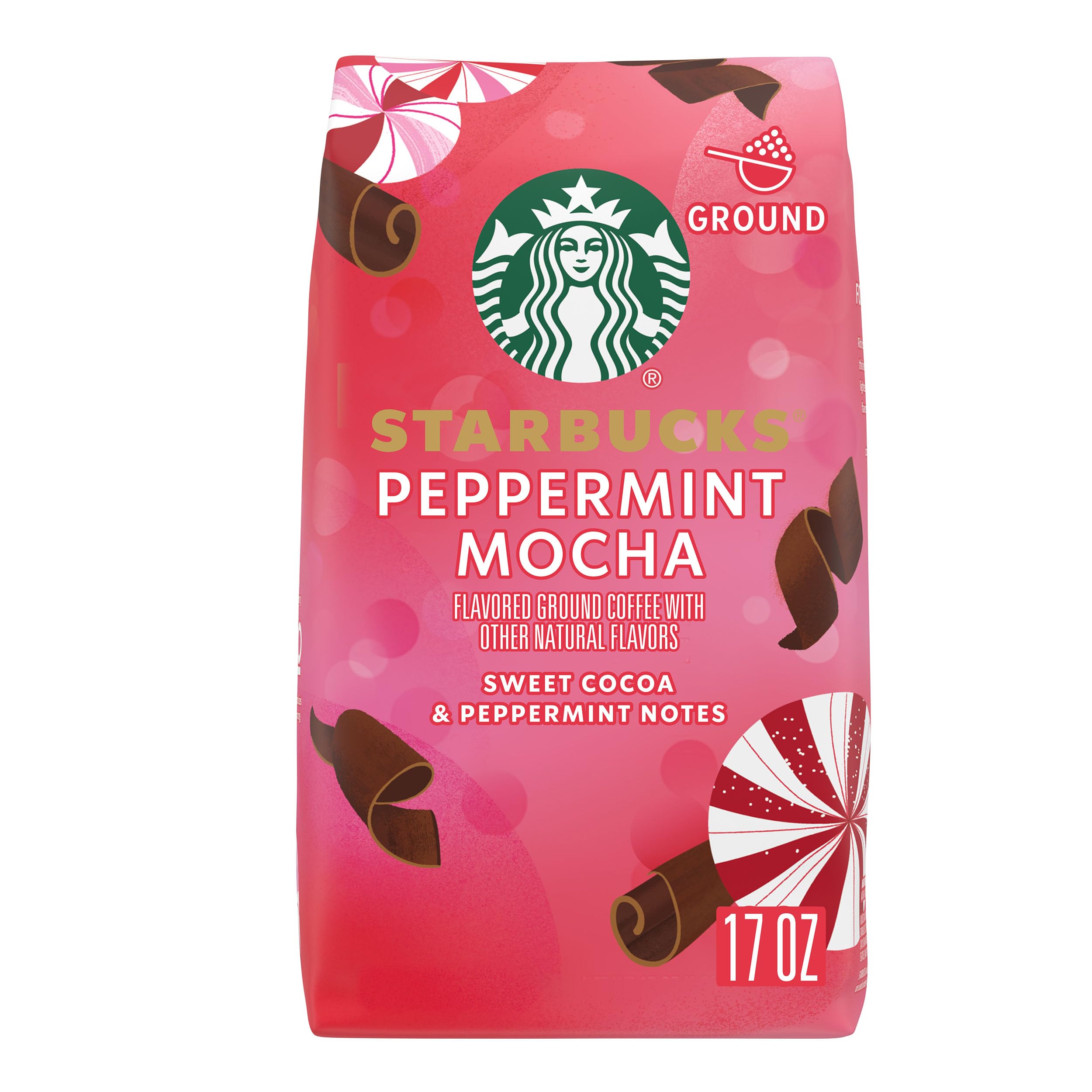 Starbucks Peppermint Mocha flavored coffee bag highlights festive aroma for cozy mornings.