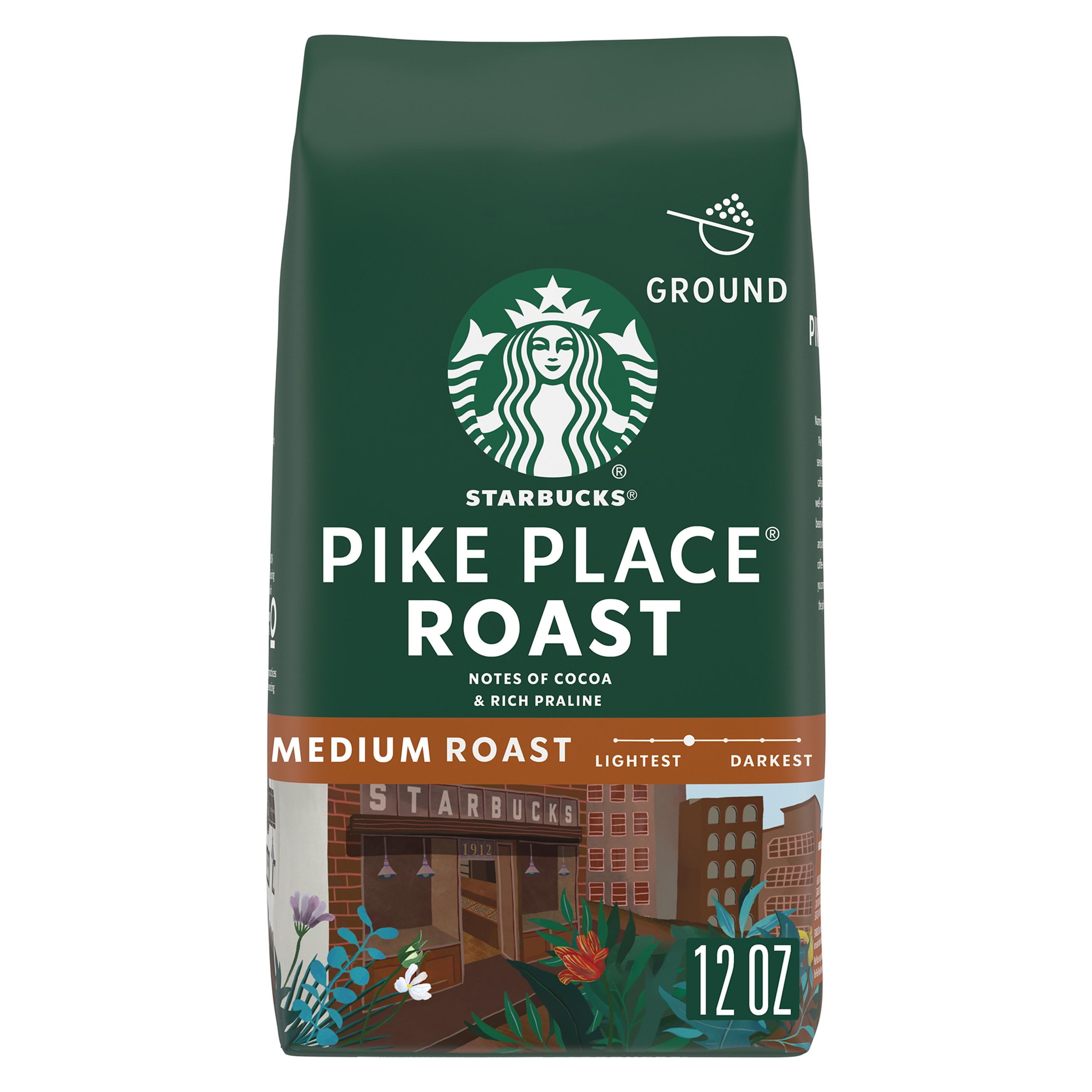 Starbucks Pike Place Ground Coffee bag, 12 oz for everyday brewing.
