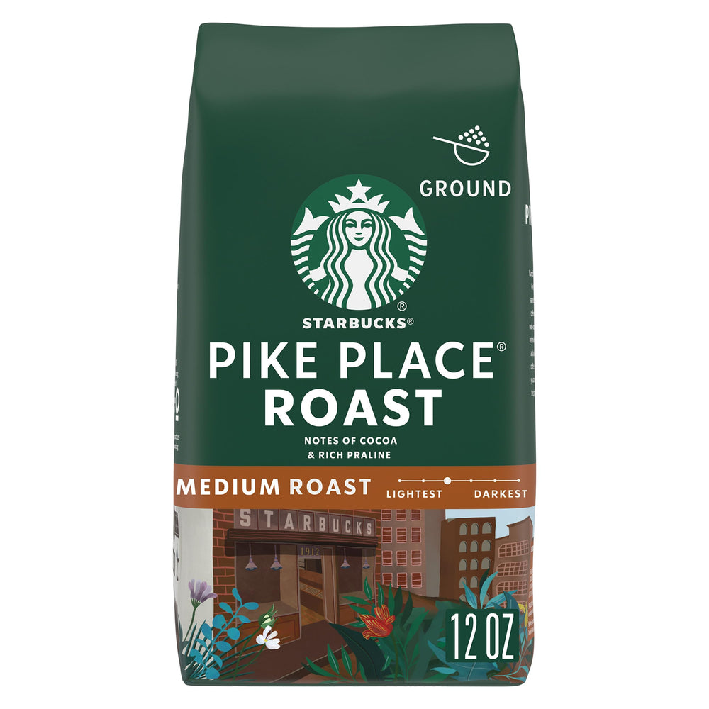 Starbucks Pike Place Ground Coffee bag, 12 oz for everyday brewing.