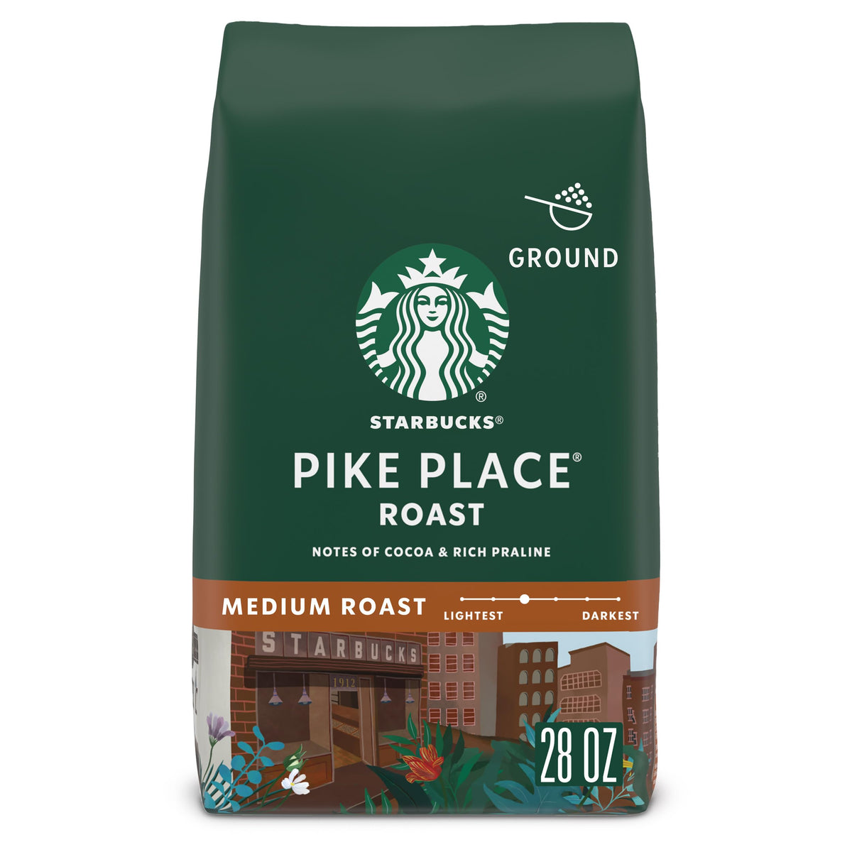 Starbucks Pike Place ground coffee 28oz bag for everyday brewing.