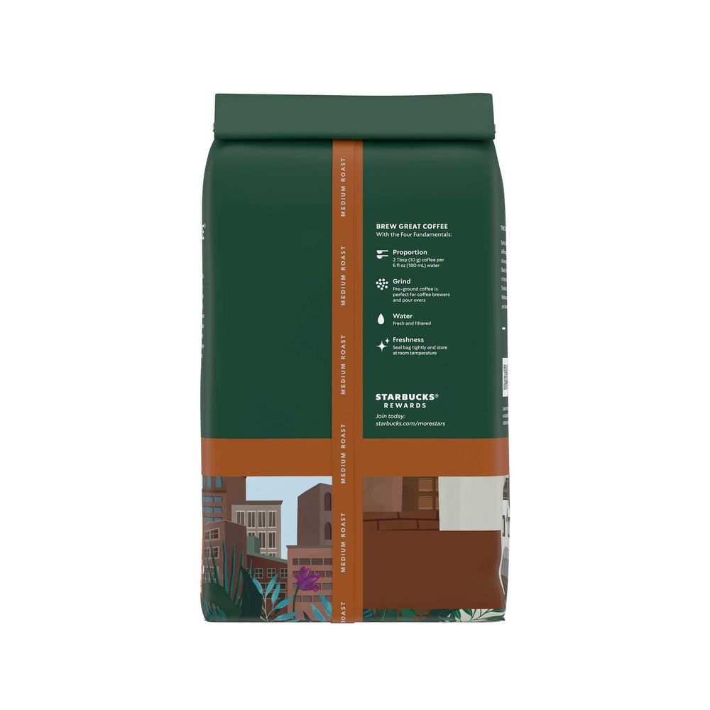 Starbucks Pike Place ground coffee on kitchen counter ready to brew.