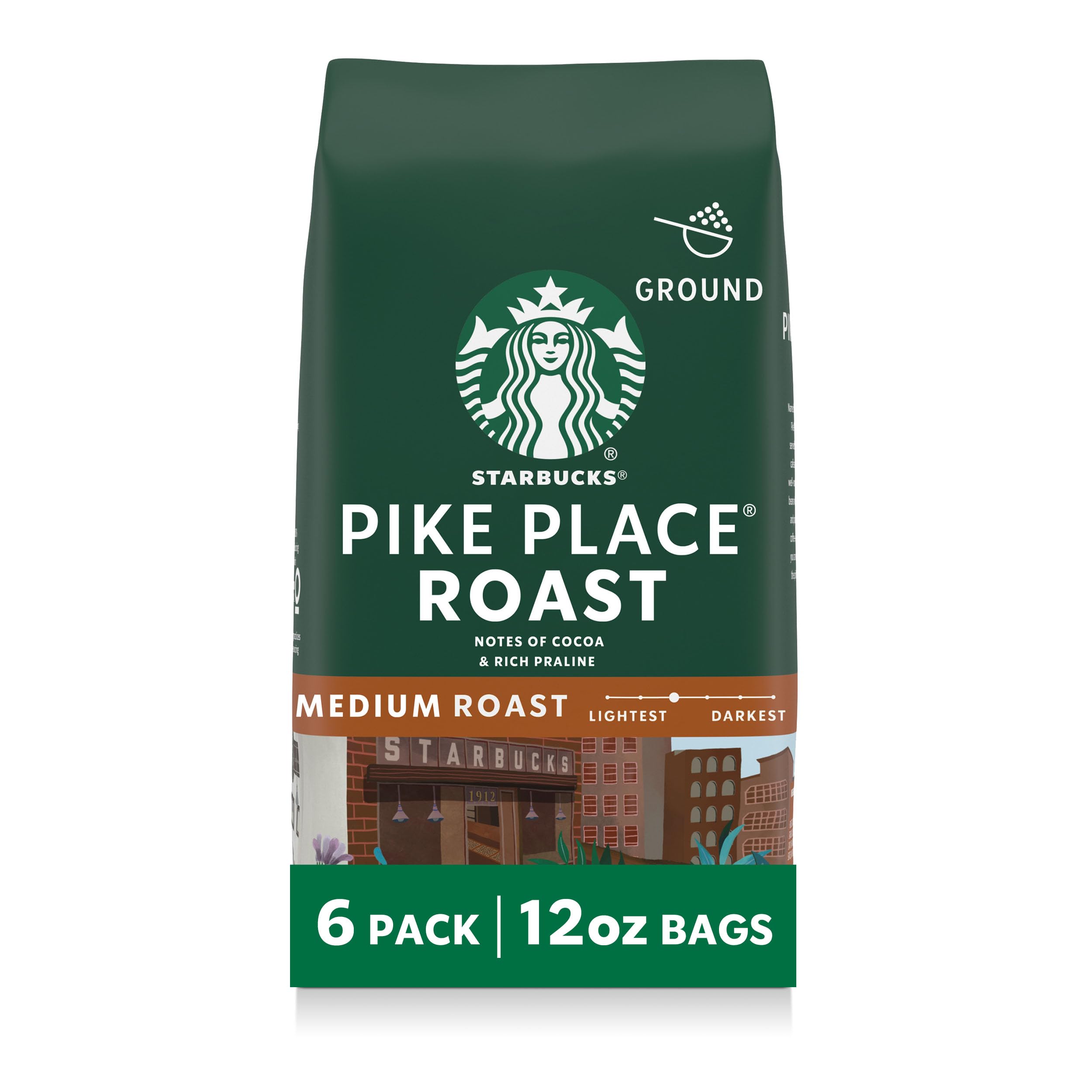 Starbucks Pike Place Roast ground coffee front packaging for everyday brewing