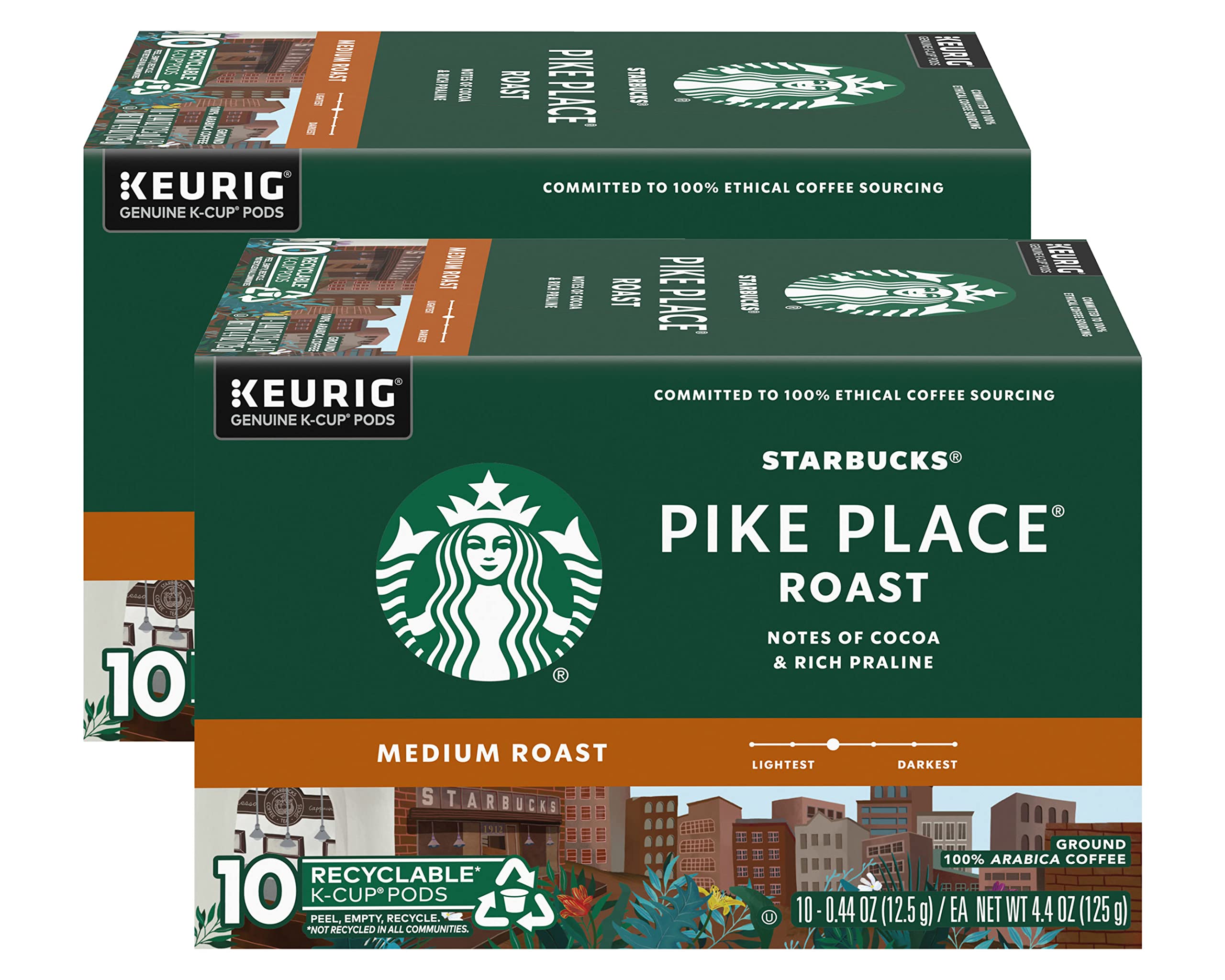 Starbucks Pike Place Roast K-Cups box-front highlights a balanced medium roast for everyday coffee.