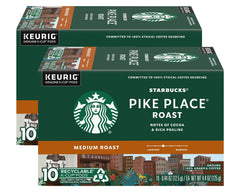 Starbucks Pike Place Roast K-Cups box-front highlights a balanced medium roast for everyday coffee.