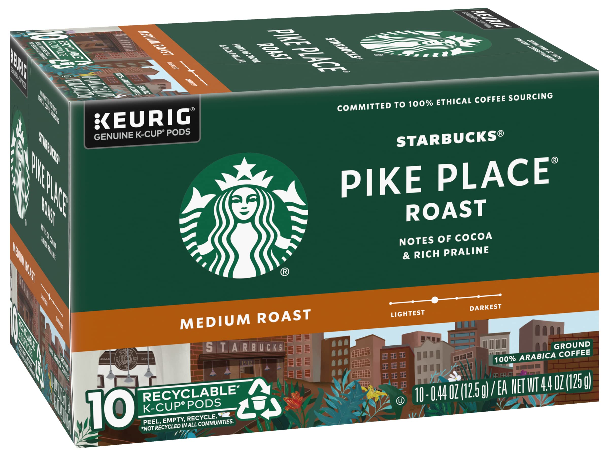 Starbucks Pike Place Roast K-Cups pack-detail shows compatible pods for quick easy mornings.