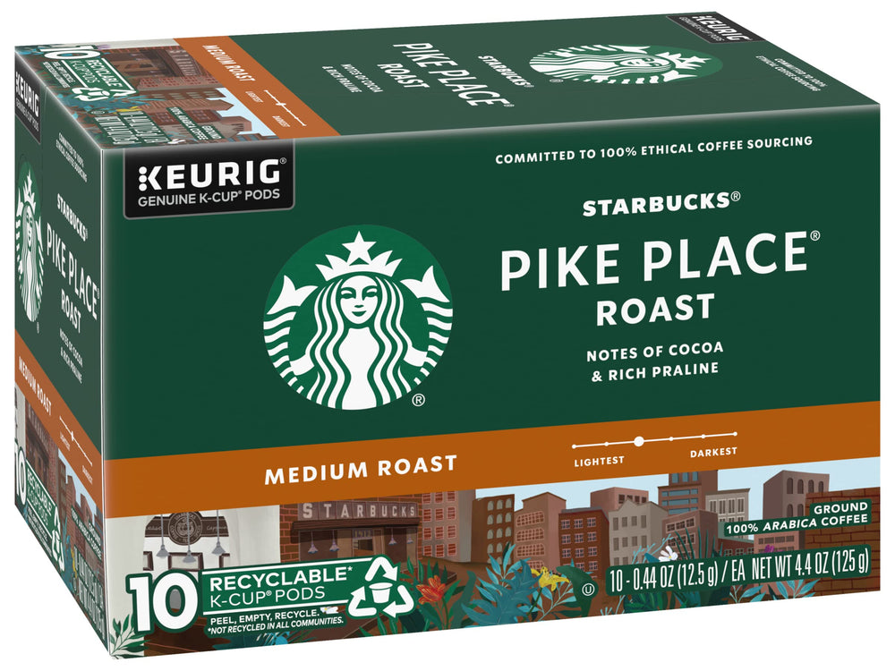Starbucks Pike Place Roast K-Cups pack-detail shows compatible pods for quick easy mornings.