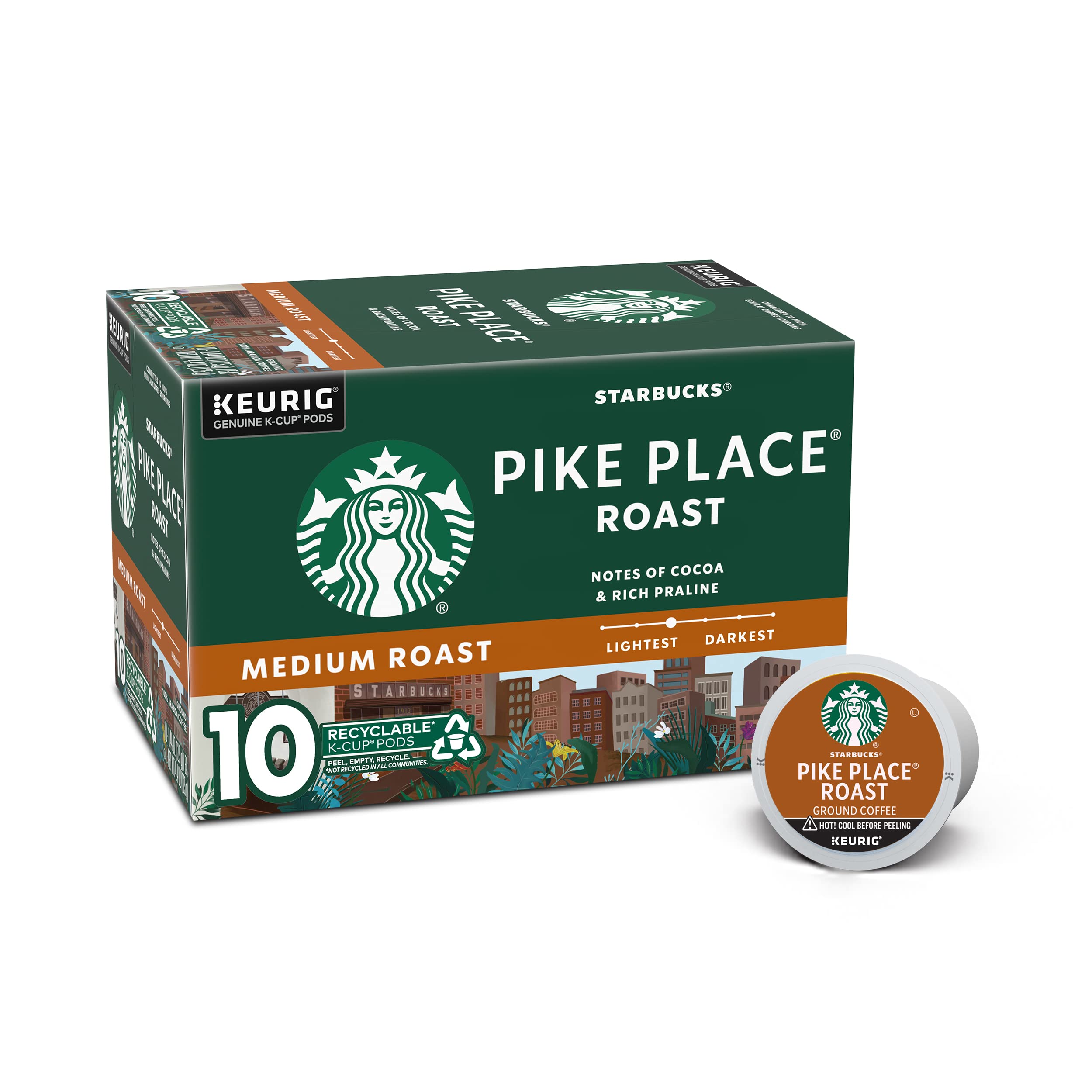 Starbucks Pike Place Roast K-Cup pods in a box for Keurig brewers.