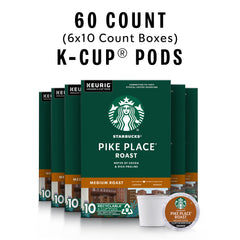 Starbucks Pike Place Roast K-Cup pods neatly arranged on a shelf.