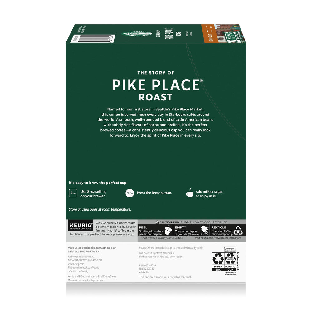 Starbucks Pike Place Roast K-Cup pods ready-to-use for streamlined mornings.