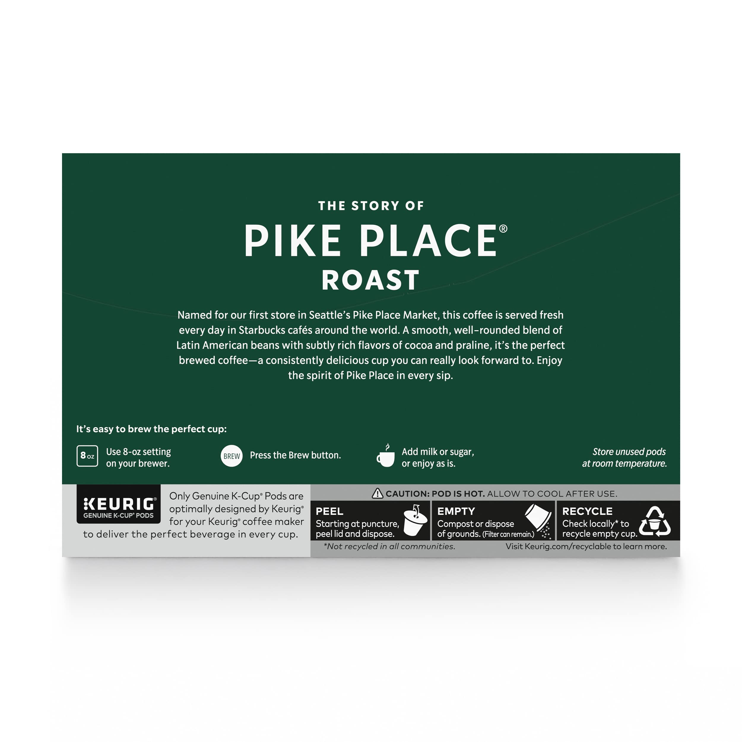 Starbucks Pike Place Roast K-Cup pods ready for Keurig machines.