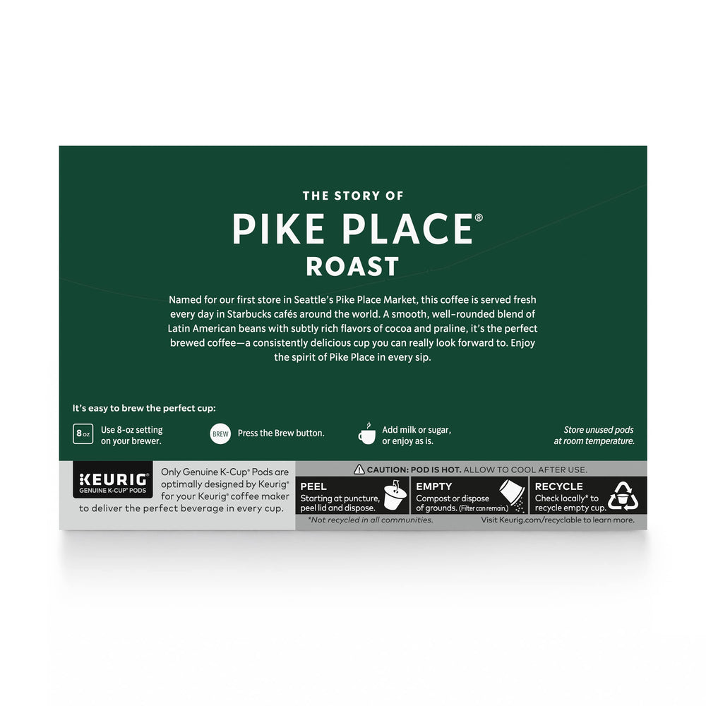 Starbucks Pike Place Roast K-Cup pods ready for Keurig machines.