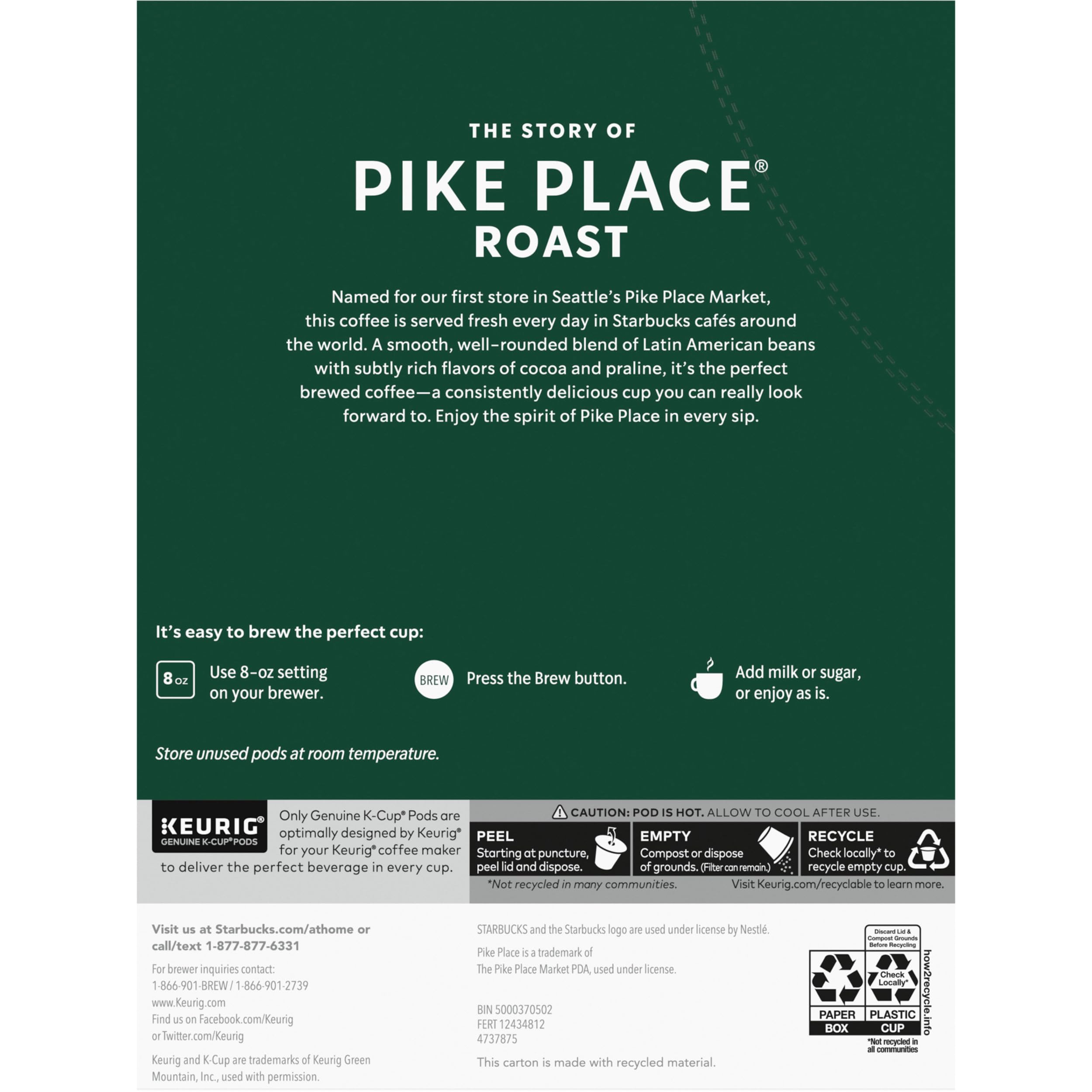 Pike Place Roast packaging labels displayed on a shop shelf.