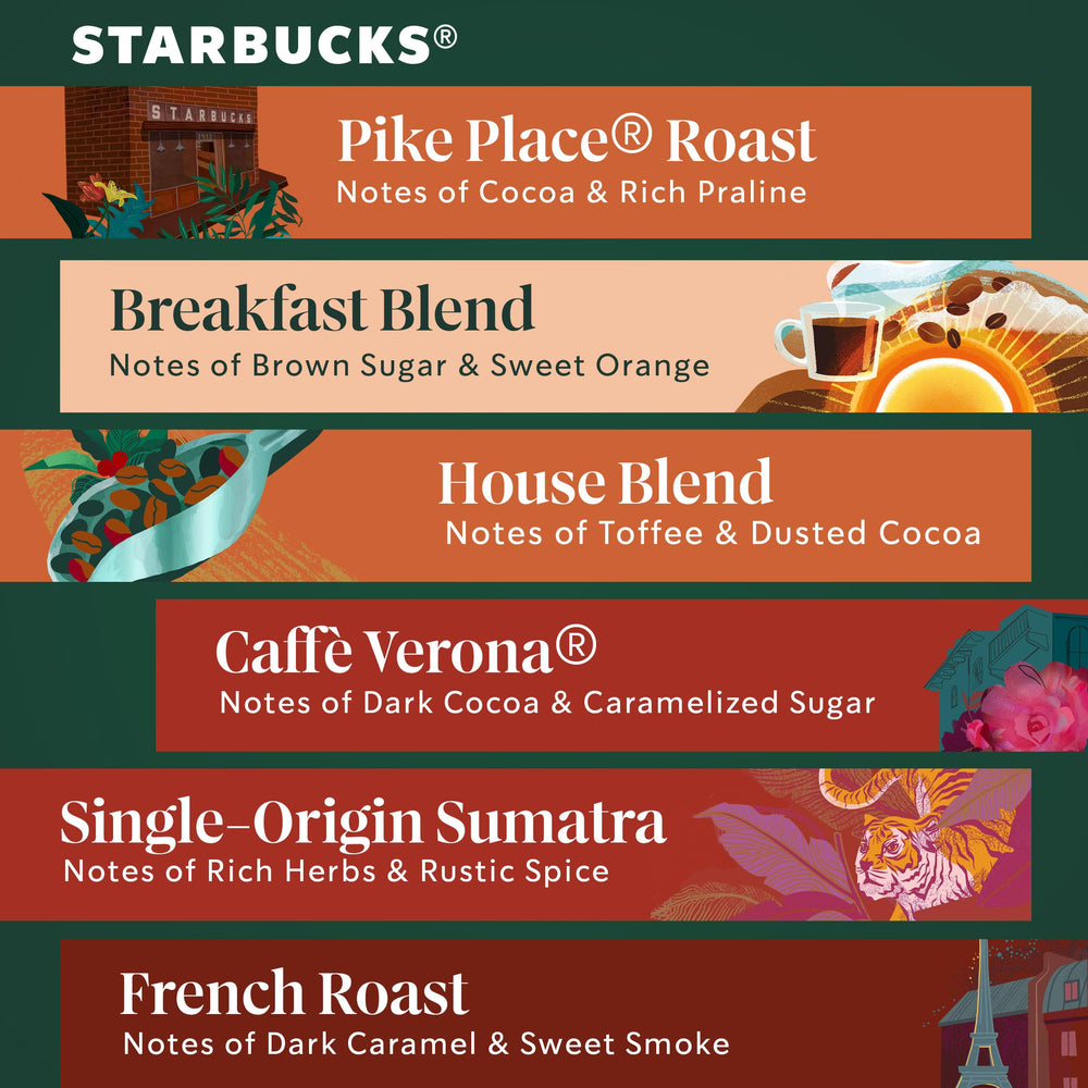 Starbucks Pike Place Roast pod, balanced notes with cocoa and praline.