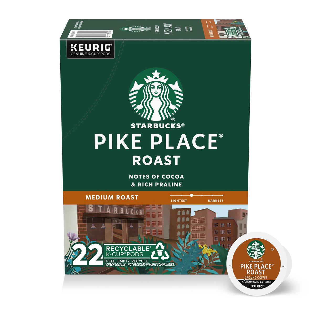 Starbucks Pike Place Roast pods box front, premium at-home coffee for everyday mornings.