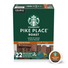 Starbucks Pike Place Roast pods box front, premium at-home coffee for everyday mornings.