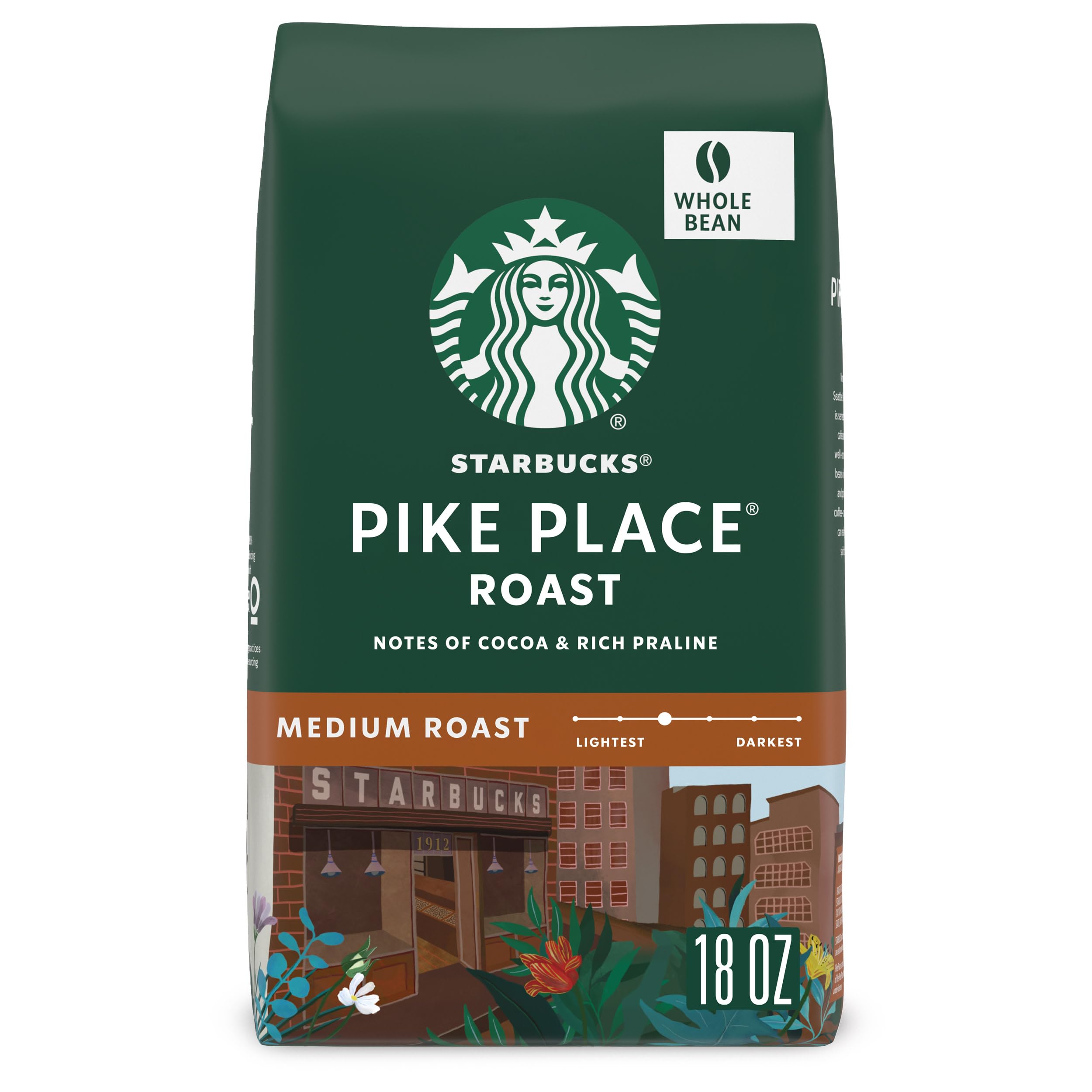 Starbucks Pike Place Roast whole bean bag ready for grinding.