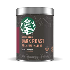 Starbucks Premium Instant Coffee dark roast tin for a bold home brew