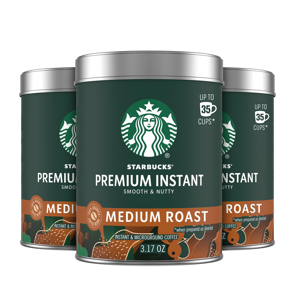 Starbucks Premium Instant Coffee three tins on display for home brewing options