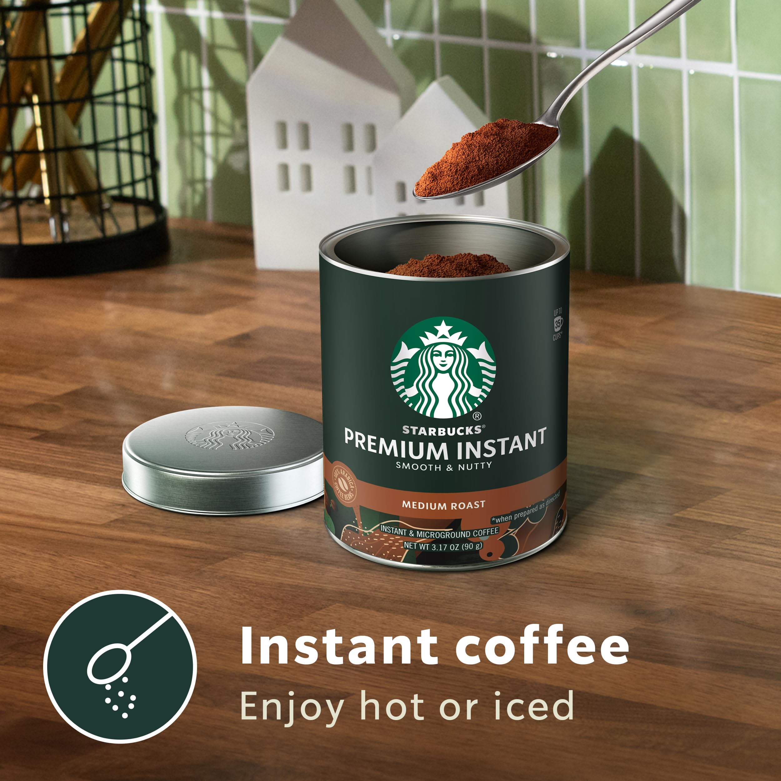 Starbucks Premium Instant Coffee tin closeup with rich aroma