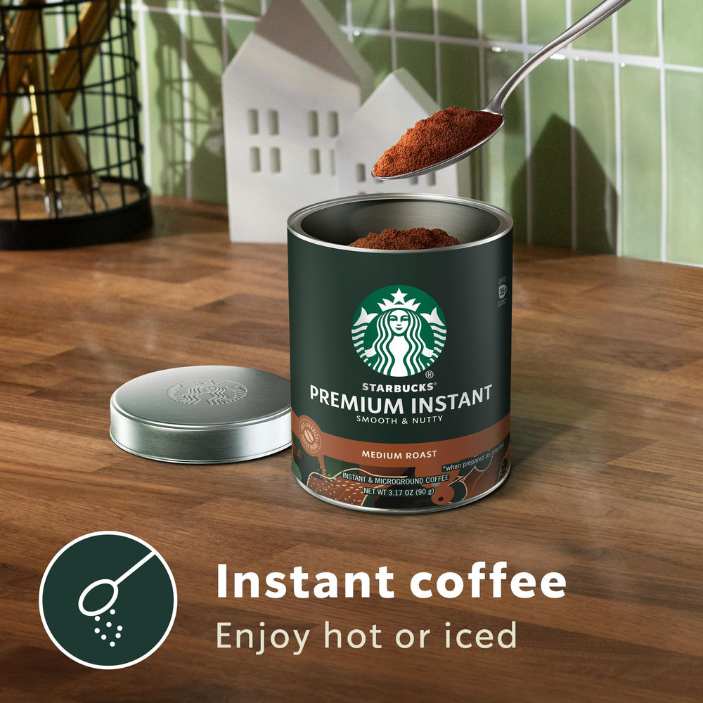 Starbucks Premium Instant Coffee tin closeup with rich aroma