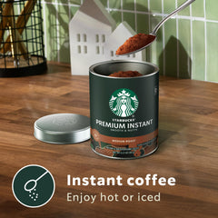Starbucks Premium Instant Coffee tin closeup with rich aroma