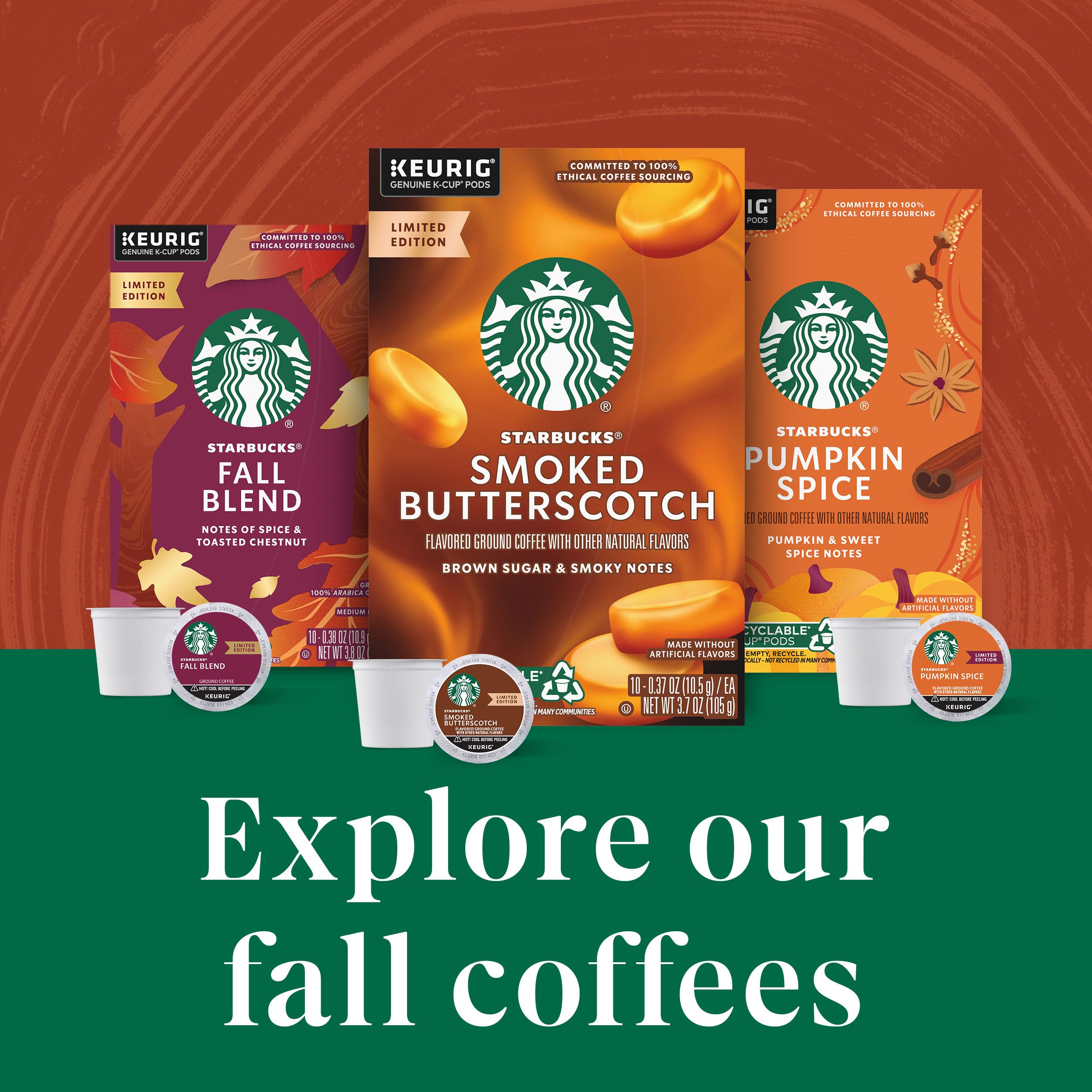 Starbucks Pumpkin Spice K-Cup pod closeup, showcasing premium 100% Arabica beans