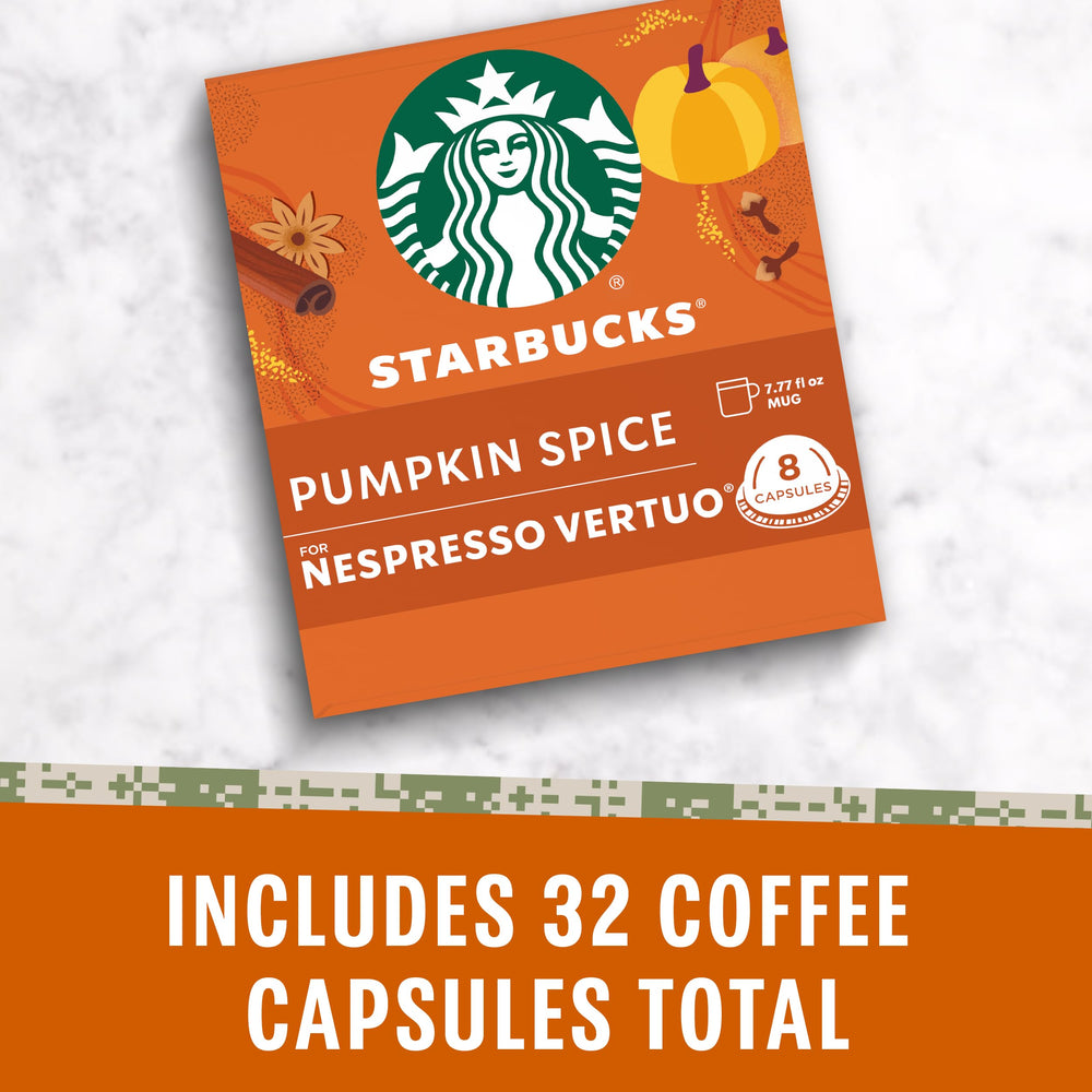 Starbucks by Nespresso Pumpkin Spice Vertuo pods aluminum capsules shown with recyclable feature in mind.