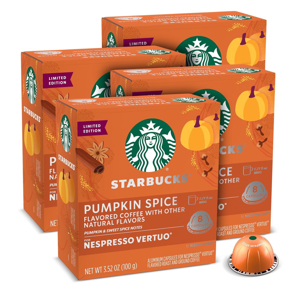 Starbucks by Nespresso Pumpkin Spice Vertuo pods in front packaging highlights seasonal flavor for cozy mornings.