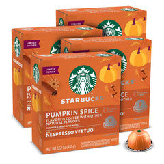 Starbucks by Nespresso Pumpkin Spice Vertuo pods in front packaging highlights seasonal flavor for cozy mornings.