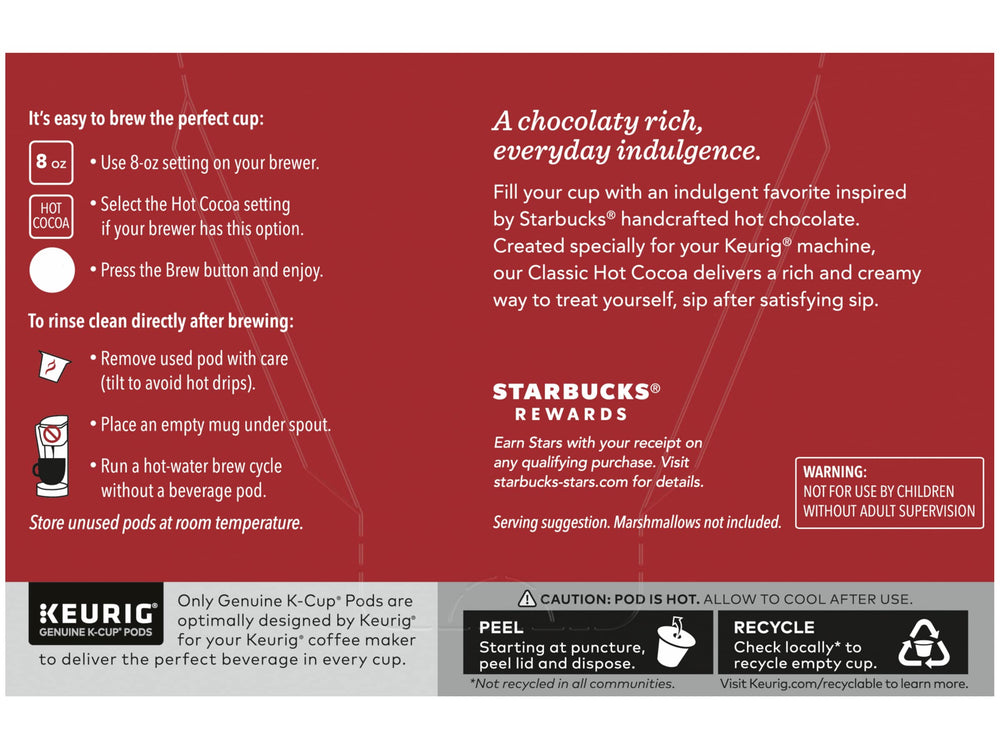 Recyclable K-Cup packaging from Starbucks hot cocoa, eco-friendly daily indulgence.
