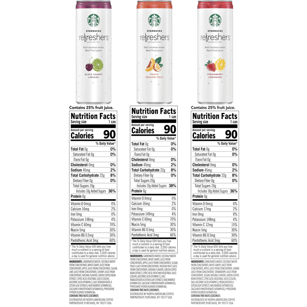 Starbucks Refreshers black cherry limeade 12oz can offers a sparkling, fruity lift.
