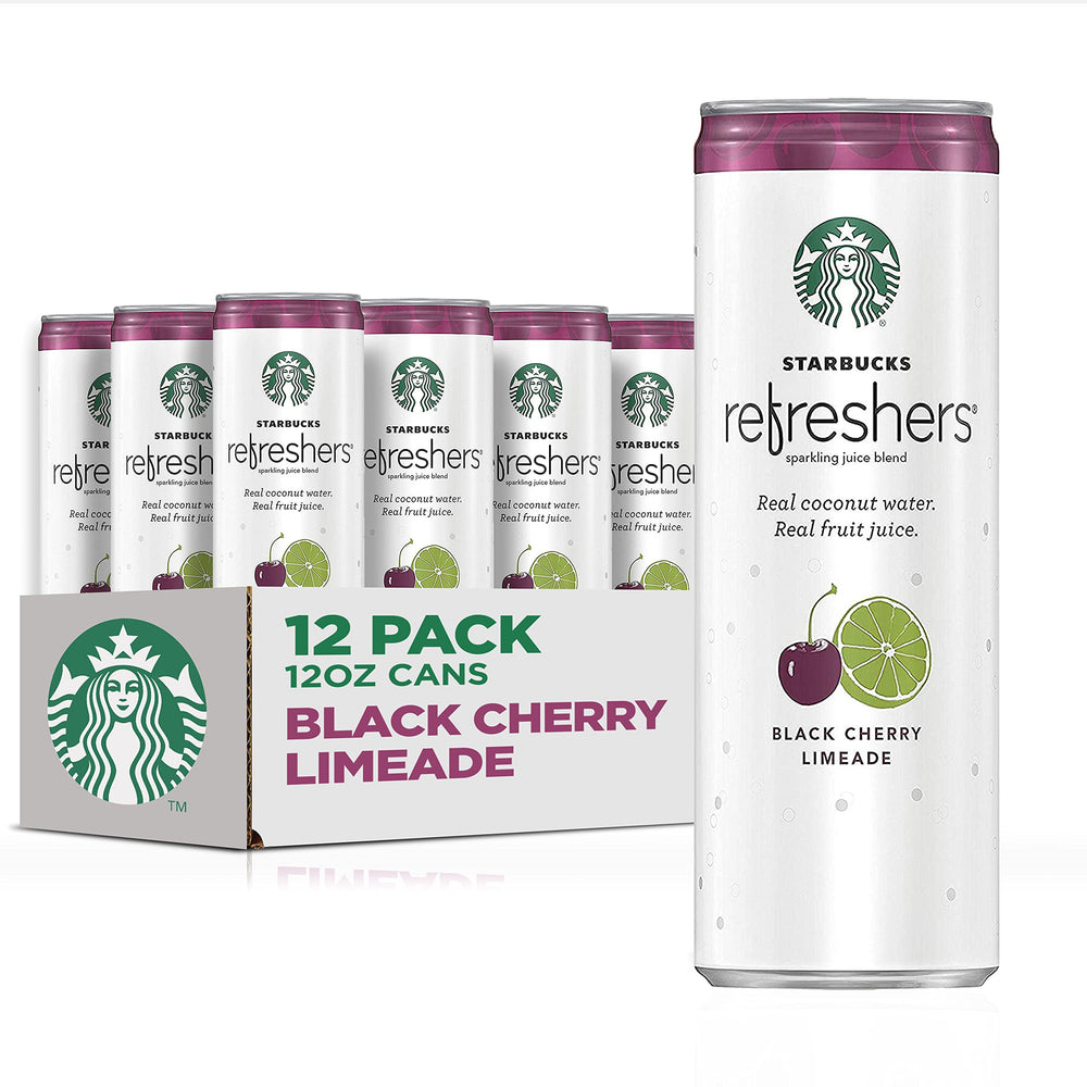 Starbucks Refreshers Black Cherry Limeade can front view for on-the-go refreshment.