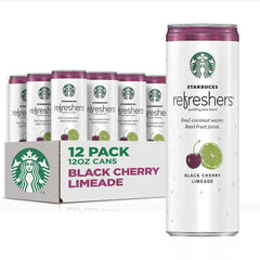 Starbucks Refreshers Black Cherry Limeade can front view for on-the-go refreshment.