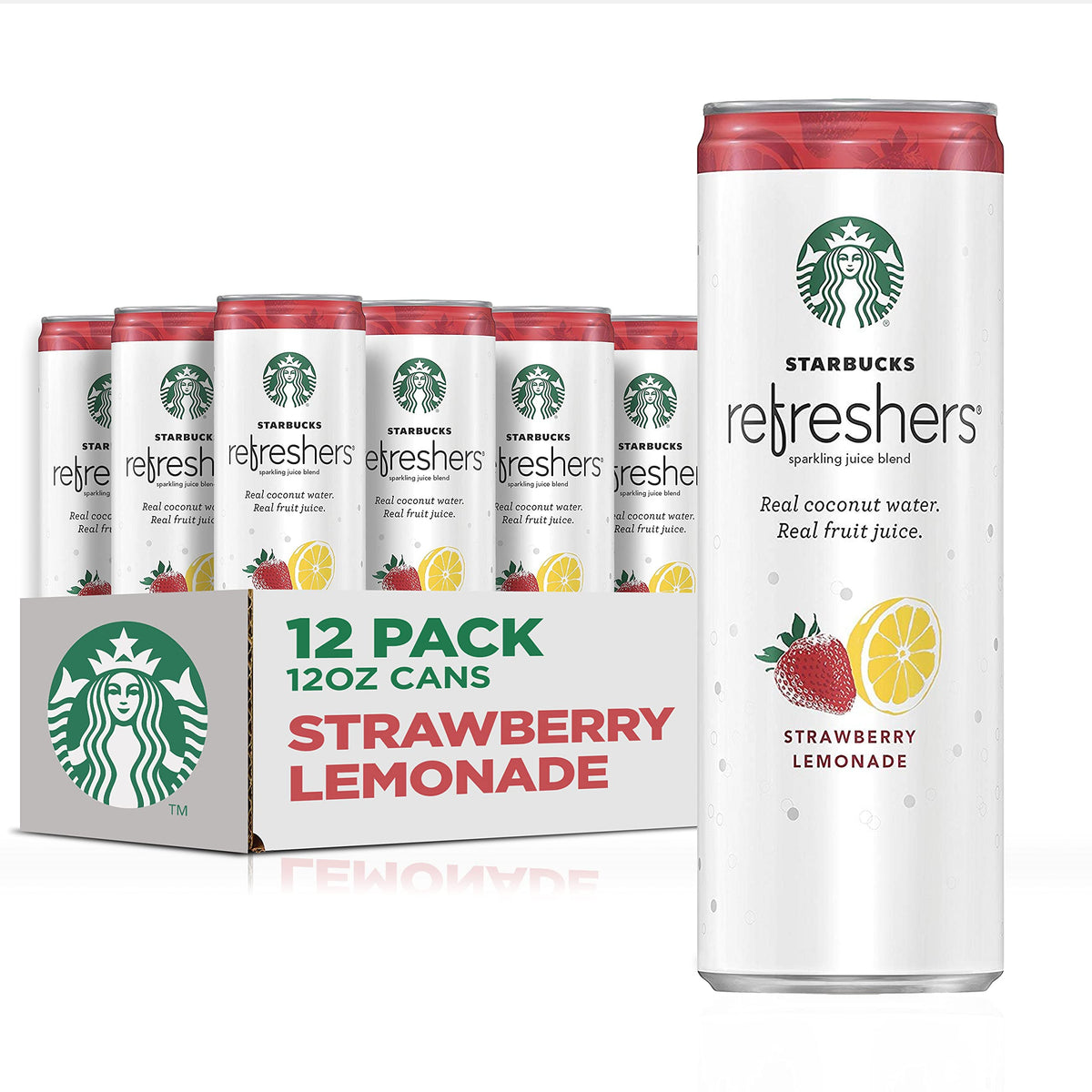 Starbucks Refreshers coconut water strawberry lemonade 12oz can pack, ready for on-the-go refreshment.