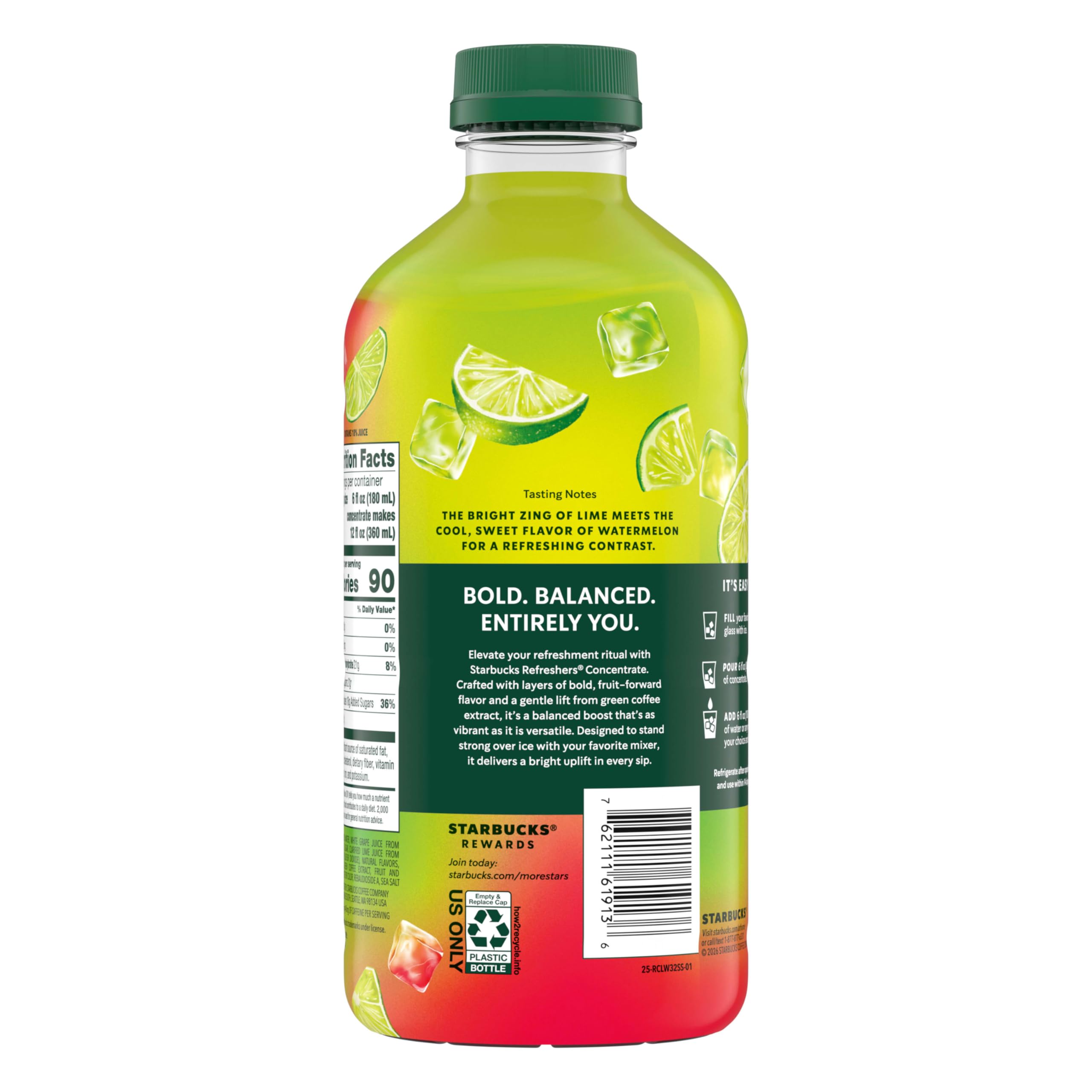 Starbucks Refreshers concentrate label close-up showing real fruit juice