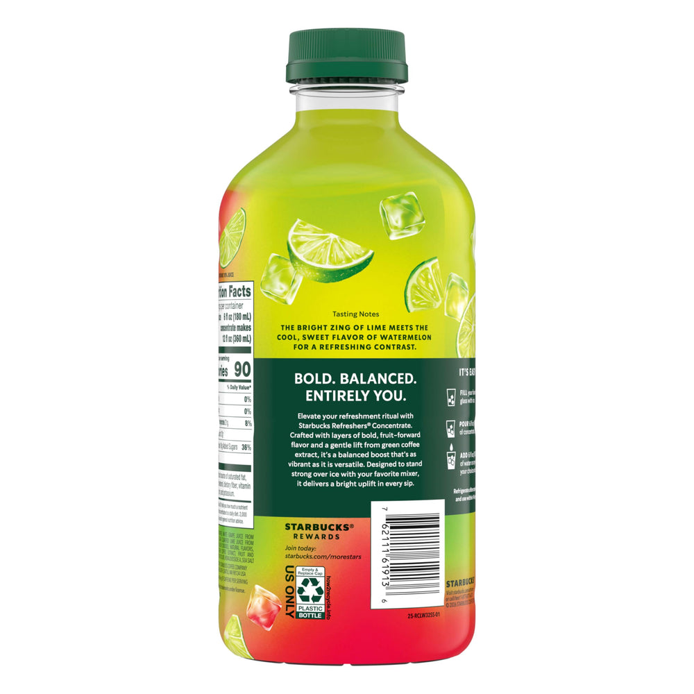 Starbucks Refreshers concentrate label close-up showing real fruit juice