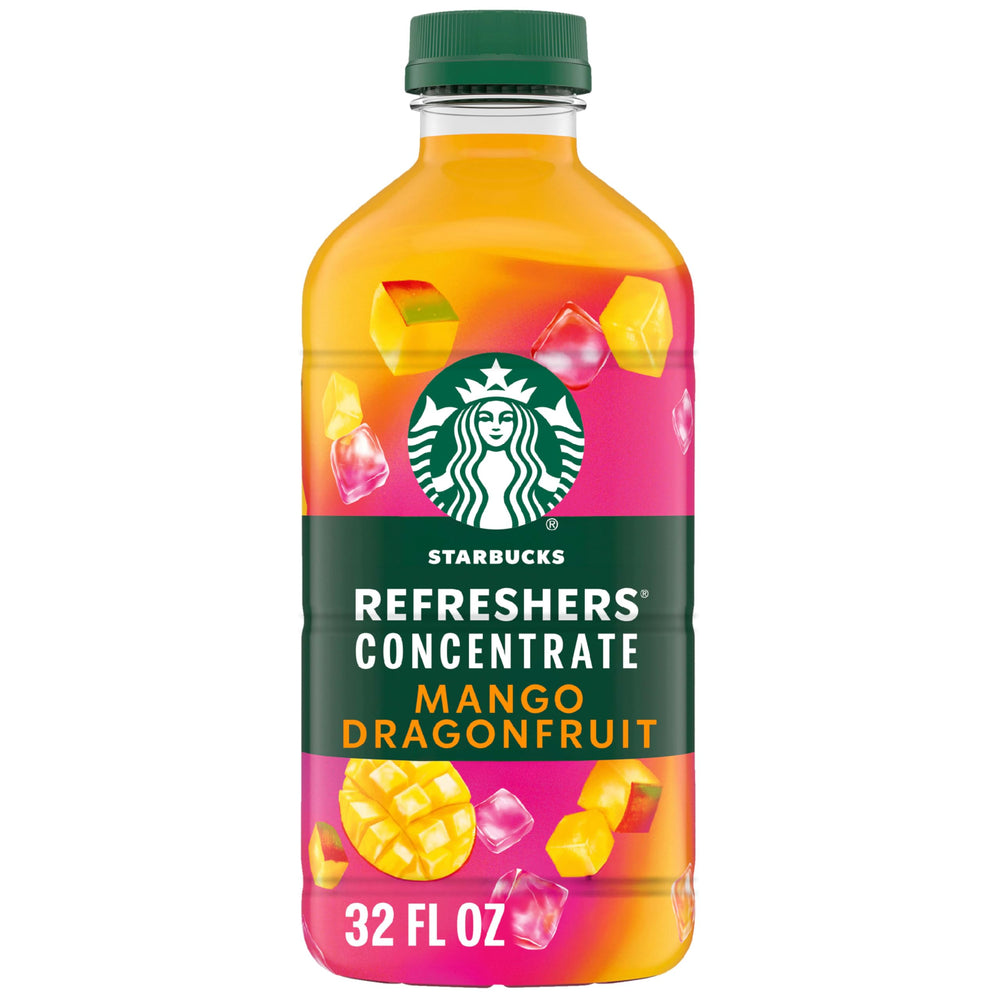 Starbucks Refreshers Mango Dragonfruit bottle showing vibrant fruity flavor for home drinks