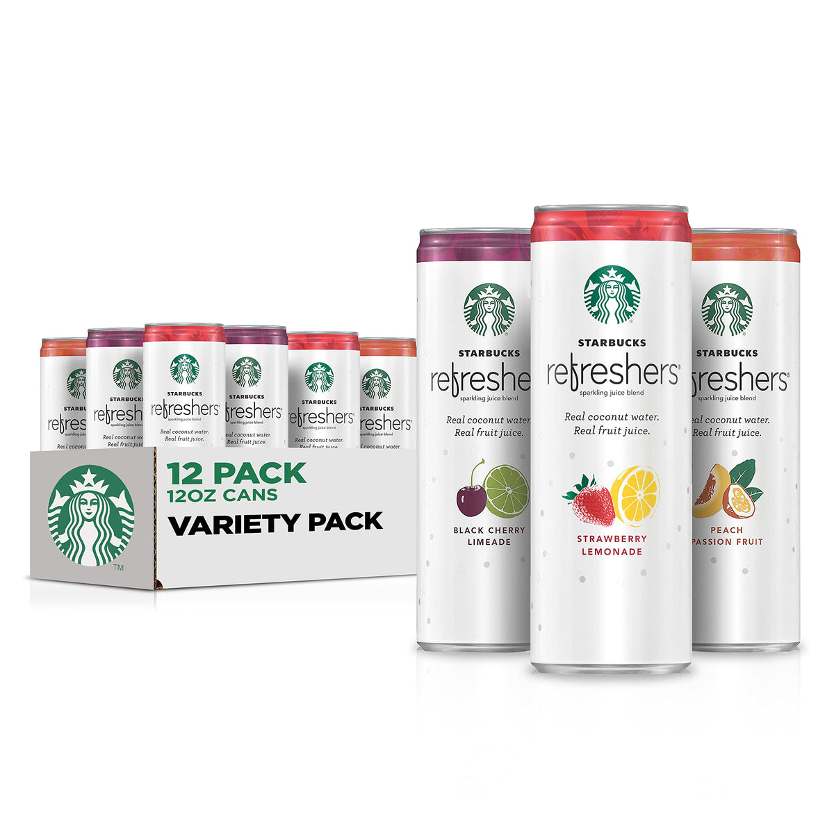 Starbucks Refreshers peach passion fruit 12oz can for on-the-go refreshment.