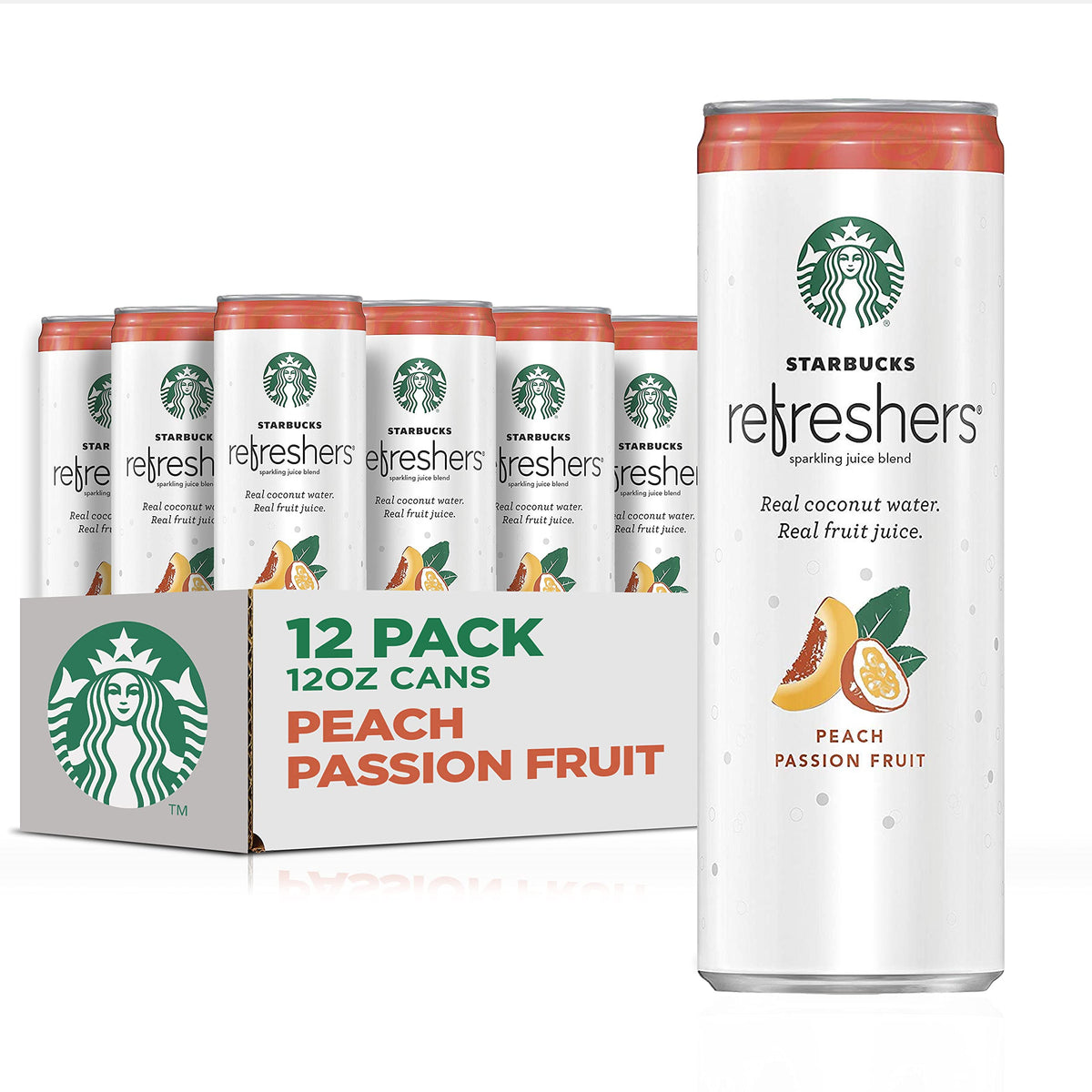 Starbucks Refreshers Peach Passion Fruit can, front view, a refreshing sip