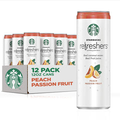 Starbucks Refreshers Peach Passion Fruit can, front view, a refreshing sip