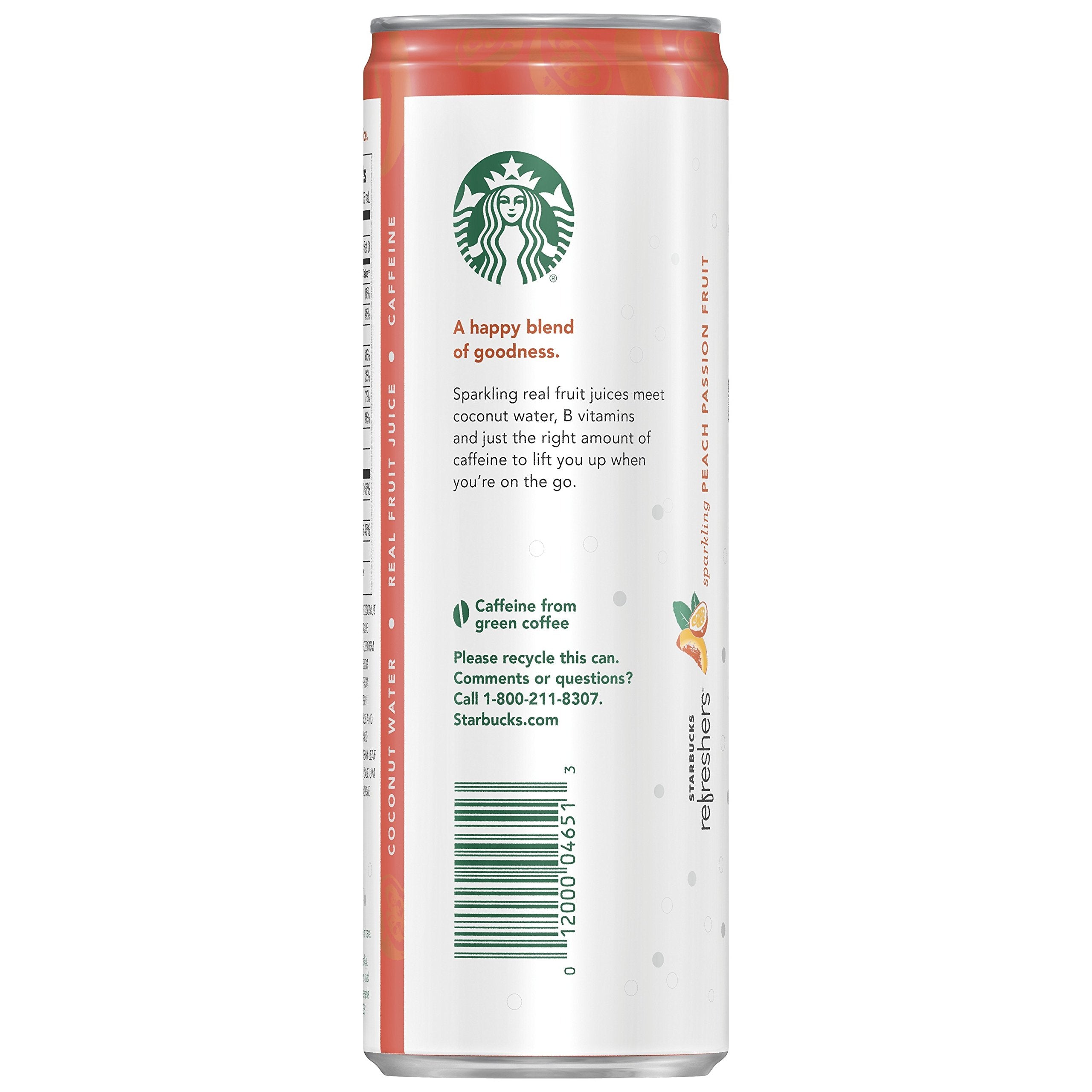 Starbucks Refreshers Peach Passion Fruit label closeup, authentic flavor cues